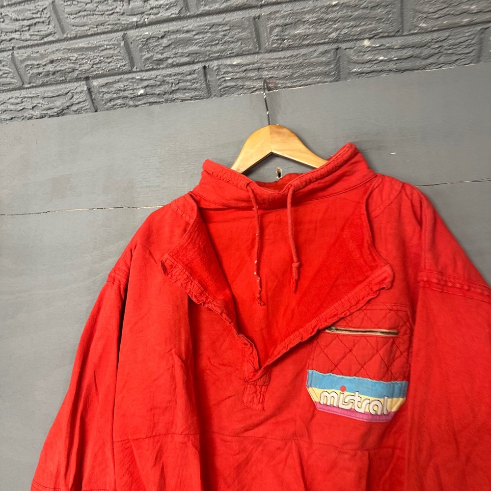 Vintage Mistral Red Windsurfing Sweatshirt Quilted Pocket‎ Mock Neck Pullover